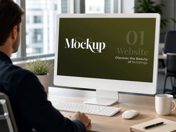 TELA DE COMPUTADOR MOCKUP SOBRE MESA DE ESCRITÓRIO PESSOA AO LADO