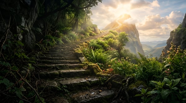 ESCADARIA PEDRA FLORESTA VERDE CAMINHO ANTIGO NATUREZA MÍSTICA TRILHA JARDIM SECRETO 01