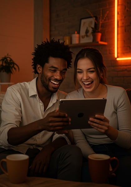 CASAL FELIZ E MULTITÉCNICO RINDO COM TABLET EM CASA DESFRUTANDO DE ENTRETENIMENTO DIGITAL NOITE NA SALA DE ESTAR