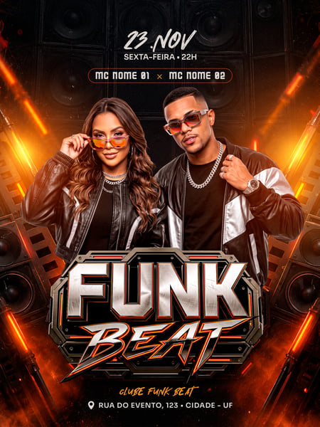 Flyer de Show de Funk com Efeitos Laranja e Título Metálico