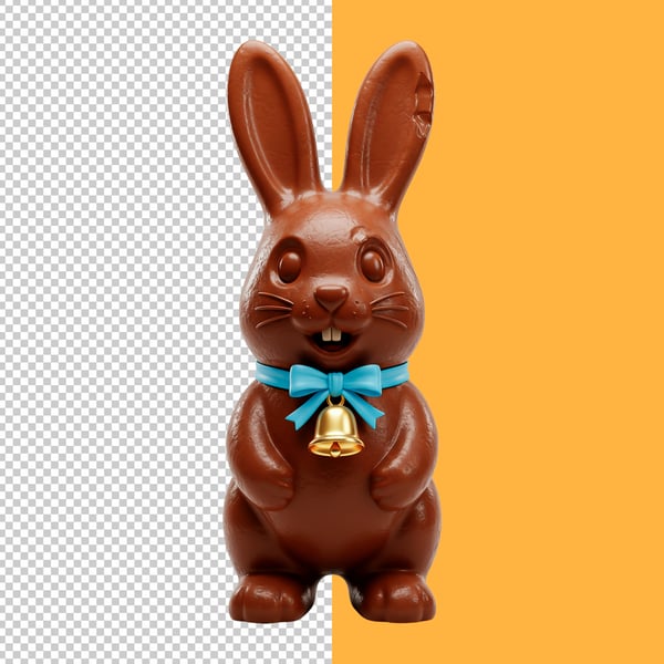 QOT PERSONAGEM 3D COELHO DE CHOCOLATE LAÇO AZUL PSD EDITÁVEL