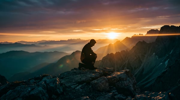 SILHUETA PESSOA AJOELHADA REZANDO POR DO SOL FÉ ESPIRITUALIDADE GRATIDÃO CONEXÃO DEUS 03
