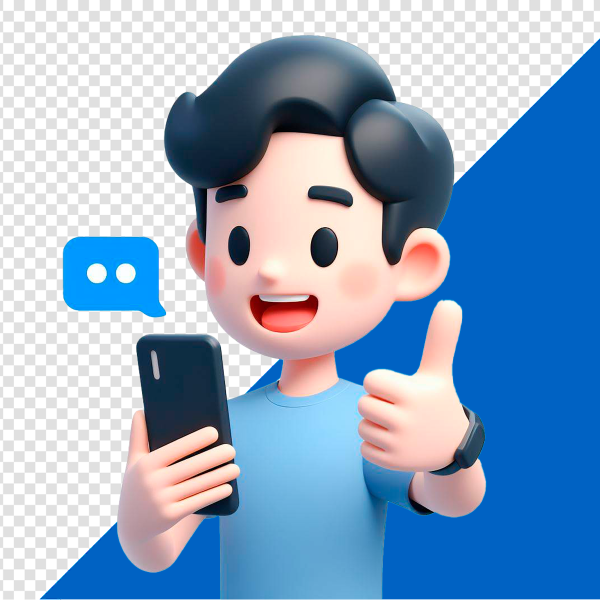 PERSONAGEM 3D SEGURANDO CELULAR FAZ SINAL DE POSITIVO