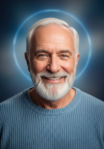 RETRATO DE HOMEM SÊNIOR FELIZ COM BARBA BRANCA E SOUTER AZUL