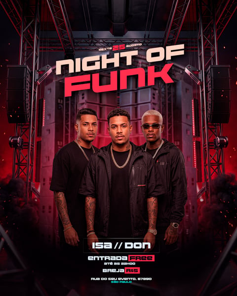 FLYER BAILE FUNK TRIO DE ARTISTAS PALCO VERMELHO NOTURNO FEED PSD EDITÁVEL