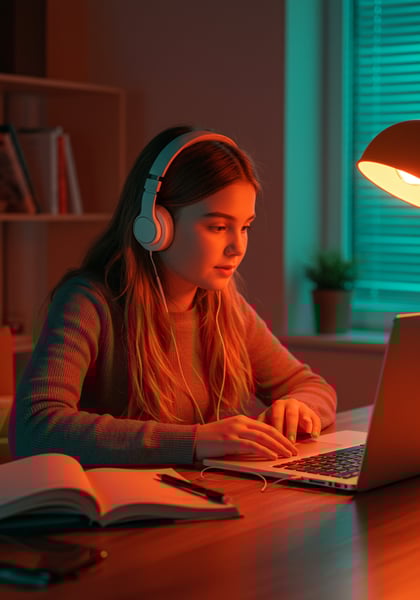 MENINA ESTUDANDO ONLINE FONES DE OUVIDO E LAPTOP EM CASA ESTUDO NOTURNO FOCADO COM ILUMINAÇÃO AMBIENTE