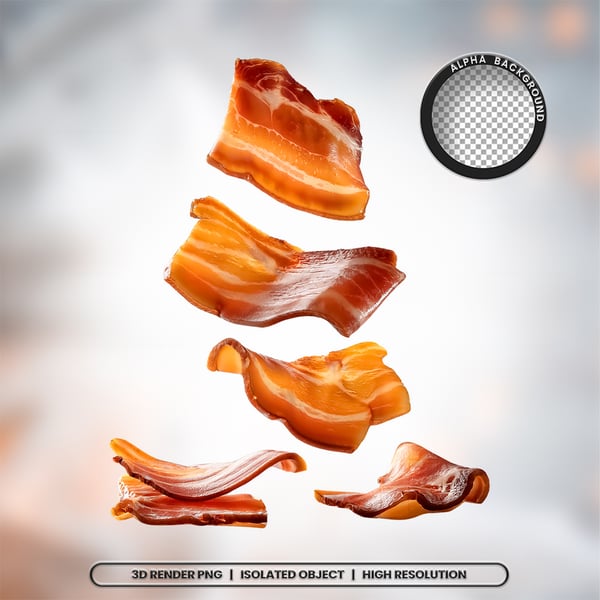 3D RENDER FATIAS PEDAÇOS DE BACON CARNE ELEMENTO ÍCONE PSD PNG