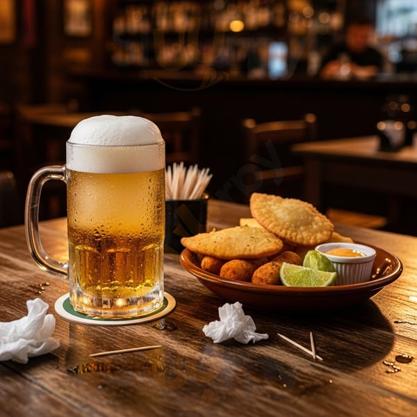 Caneca de cerveja com porção de pastel e limão no bar