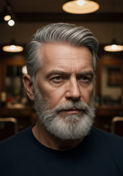 HOMEM BRANCO DE MEIA IDADE CABELO GRISALHO NA BARBEARIA VISTO DE FRENTE