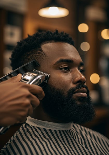 BARBEIRO APARANDO A BARBA DE UM HOMEM NEGRO VISTO DE FRENTE