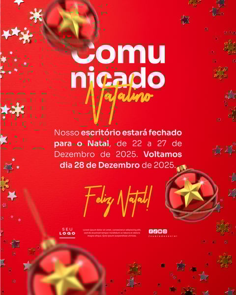 COMUNICADO DE NATAL AVISO ANÚNCIO RECESSO FERIADO SOCIAL MEDIA PSD EDITÁVEL 29