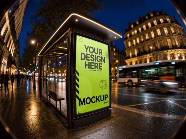 Poster de abrigo deônibus mockup à noite rua iluminada