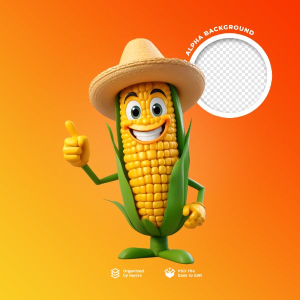UM PERSONAGEM MILHO FELIZ EM 3D PARA SÃO JOAO