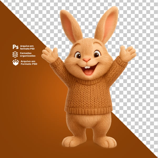 FKL COELHO SORRIDENTE COM OS DOIS BRAÇOS PARA CIMA COMPOSIÇÃO 3D