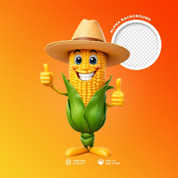 UM PERSONAGEM MILHO FELIZ EM 3D PARA SÃO JOAO