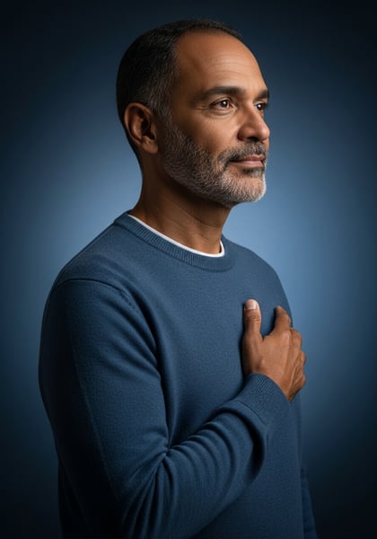 HOMEM COM MO NO PEITO SINCERIDADE LEALDADE RESPEITO RETRATO DE PERFIL PENSATIVO EM FUNDO AZUL