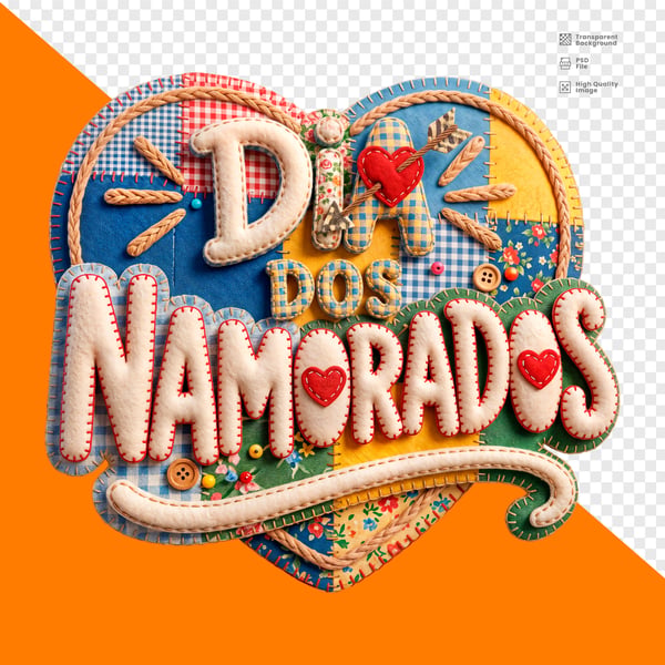 DIA DOS NAMORADOS CORAÇÃO FELTRO PATCHWORK LETRAS BRANCAS ARTESANAL PNG TRANSPARENTE