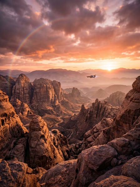 Foto DESERTO CÂNION MONTANHAS ARCO-ÍRIS PÔR DO SOL AVIÃO