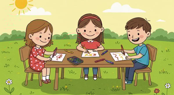 CRIANÇAS EM UM JARDIM DESENHANDO EM FOLHA DE PAPEL COM LAPIS COLORIDOS PARA COMPOSIÇÃO