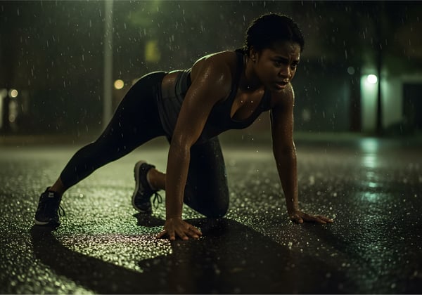 Mulher negra jovem, com roupas fitness, respirando fundo após esforço físico intenso.
