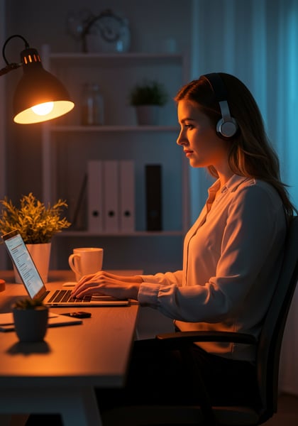 MULHER JOVEM TRABALHANDO FOCADA NO LAPTOP NOITE COM FONES DE OUVIDO HOME OFFICE NOTURNO TRABALHO REMOTO E PRODUTIVIDADE
