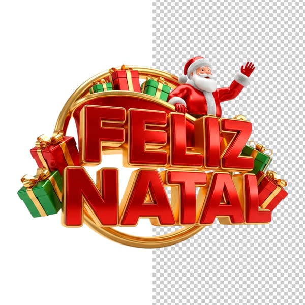 SELO 3D FELIZ NATAL COM PAPAI NOEL E PRESENTES EM PNG