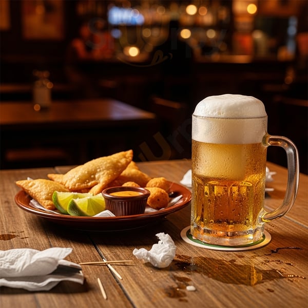 Caneca de cerveja com porção de pastel e limão no bar