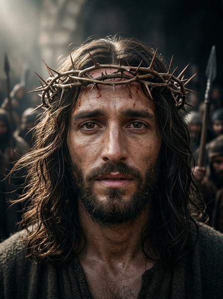 RETRATO CINEMATOGRÁFICO DE JESUS CRISTO COM COROA DE ESPINHOS E MULTIDÃO AO FUNDO