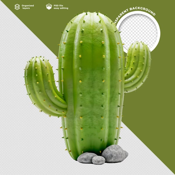 3D RENDERED GREEN CACTUS PLANT WITH SPINES AND STONES PREMIUM ELEMENT