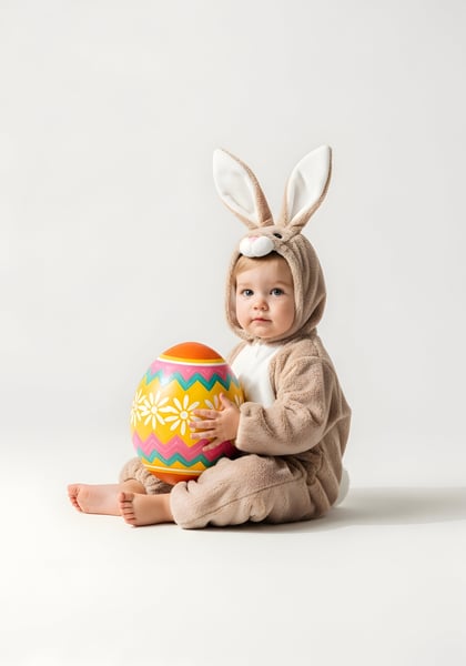 CRIANÇA COM FANTASIA DE COELHINHO DA PÁSCOA SENTADA SEGURANDO UM OVO DA PÁSCOA 01