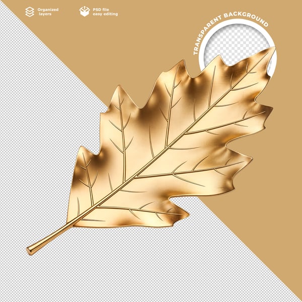 FOLHA DE CARVALHO 3D DOURADA BRILHANTE COM VEIAS DETALHADAS E TEXTURA METÁLICA