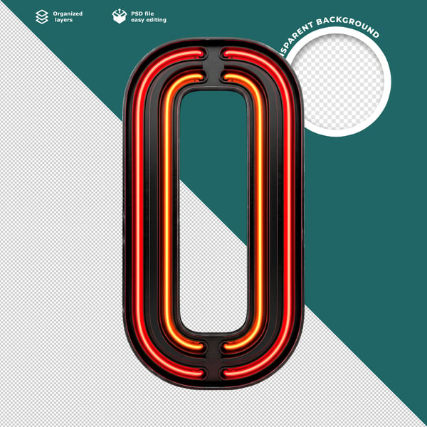 NÚMERO ZERO 3D NEON VERMELHO E LARANJA MODERNO COM EFEITO BRILHANTE
