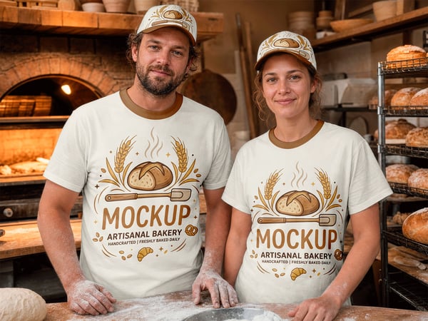 CAMISETA MOCKUP EM TRABALHADORES DE PADARIA FORNO AO FUNDO