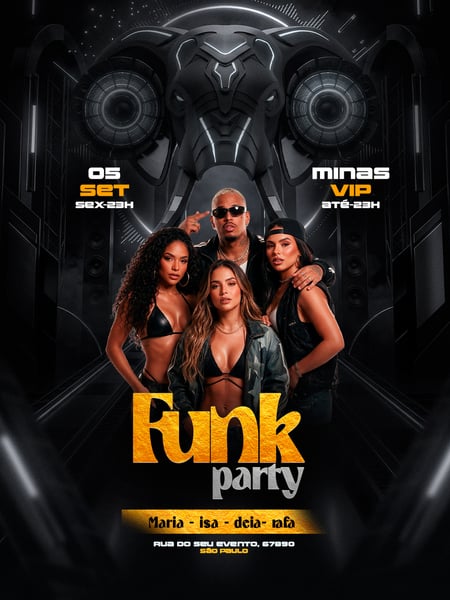 FLYER FUNK PARTY NOTURNO FUTURISTA ELEFANTE PRETO DOURADO FEED PSD EDITÁVEL