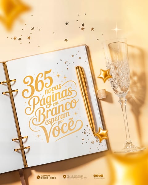 CADERNO DOURADO LUXUOSO COM FRASE 365 PÁGINAS BRANCO E TAÇA CHAMPAGNE ESTRELAS