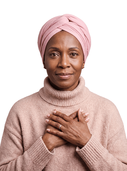 BLACK WOMAN WEARING A PINK HEADSCARF AND TURTLENECK SWEATER