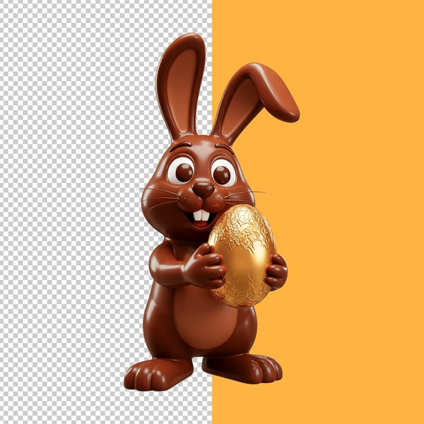 KOV PERSONAGEM 3D COELHO DE CHOCOLATE SEGURANDO OVO DE CHOCOLATE E SORRIDENTE PSD EDITÁVEL
