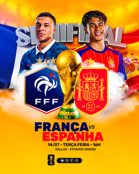FLYER ESPORTIVO FUTEBOL FRANÇA vs ESPANHA SEMIFINAL COPA DO MUNDO PSD EDITÁVEL