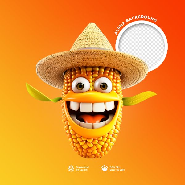 UM PERSONAGEM MILHO FELIZ EM 3D PARA SÃO JOAO