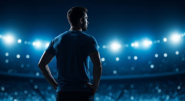 HOMEM DE COSTAS EM ESTÁDIO ILUMINADO NOITE LUZES AZUIS DRAMÁTICAS E ATMOSFERA ESPORTIVA