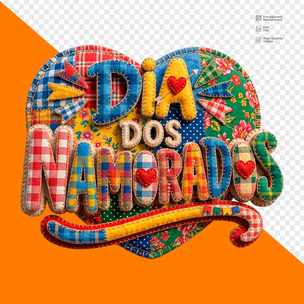DIA DOS NAMORADOS TEXTO PATCHWORK ARTESANAL CORAÇÃO SETA COLORIDO PNG TRANSPARENTE