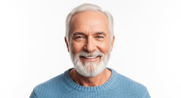 RETRATO DE HOMEM SÊNIOR FELIZ SORRINDO COM BARBA E CABELO BRANCOS OLHOS AZUIS VESTINDO SUTER AZUL EM FUNDO BRANCO