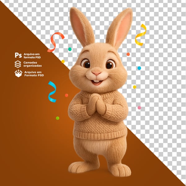 HNG COELHO EM POSIÇÃO DE PALMAS COM CONFETES AO FUNDO COMPOSIÇÃO 3D