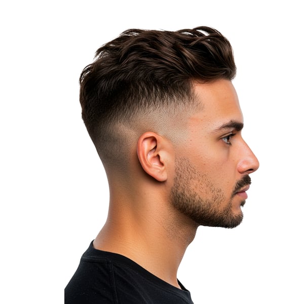 HOMEM BRANCO VISTO DE LADO BLUSA PRETA CORTE LOW FADE