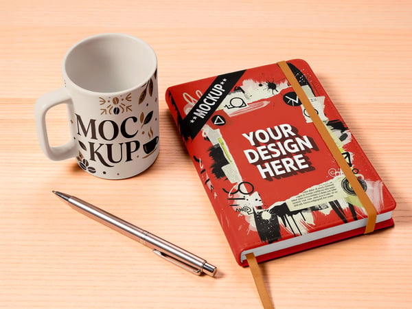 MATERIAIS CORPORATIVOS MOCKUP SOBRE MESA CONJUNTO DE PAPELARIA