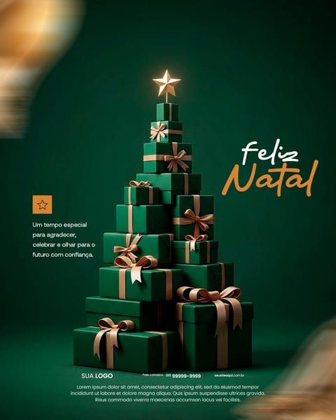 Feliz Natal, Presentes Verdes Luxuosos, Estrela Dourada, Celebração Festiva Social Media PSD Editável