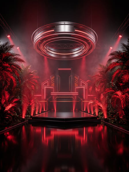 PORTAL FUTURISTA TROPICAL COM ANEL METÁLICO E TRONO NEON VERMELHO