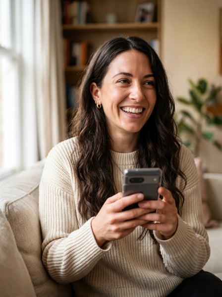 Mulher sentada no sofá com um smartphone nas mãos feliz 2