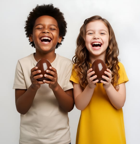 DUAS CRIANÇAS FELIZES SEGURANDO UM OVO DE PÁSCOA NAS MÃOS 03