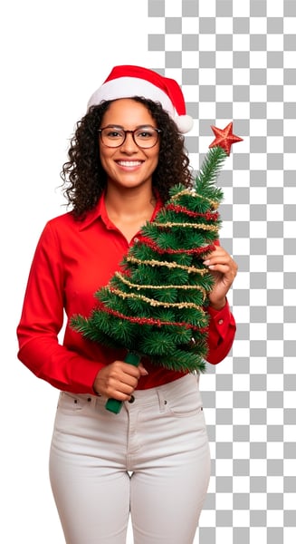 IMAGEM PARA COMPOSIÇÃO MULHER VENDEDORA SEGURANDO UMA ÁRVORE DE NATAL NAS MÃOS PSD